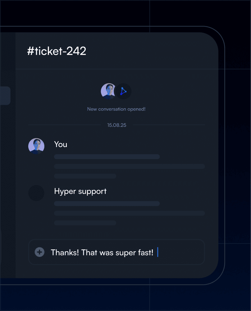 Hyper Solutions support team chat interface showing fast response times